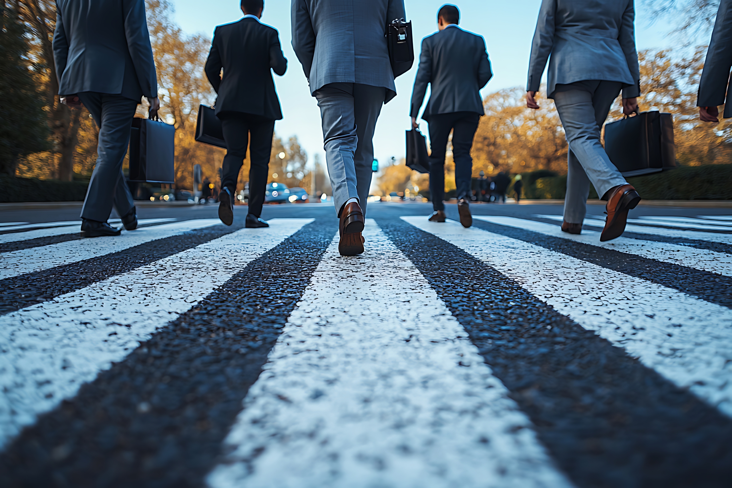 Business professionals walking in suits across a crosswalk.